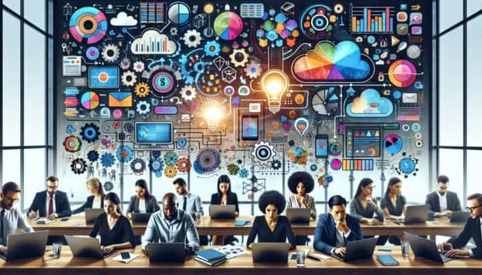 A team of experts in a digital workspace analyzing graphs, editing images on laptops, surrounded by tools and infographics.