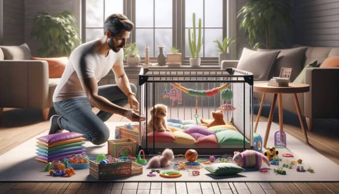 A person assembling a playpen for young cats: laying out colourful components, securing the frame, adding soft bedding, and placing toys.