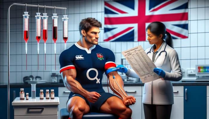 A determined UK rugby player in a sterile lab undergoing a testosterone blood test, with a doctor reviewing hormone charts amid sporting gear and Union Jack flags.