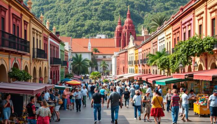 A vibrant colonial plaza in San Miguel de Allende, showcasing colorful architecture, lively street vendors, and diverse people engaging in social activities amidst lush greenery and historical landmarks.