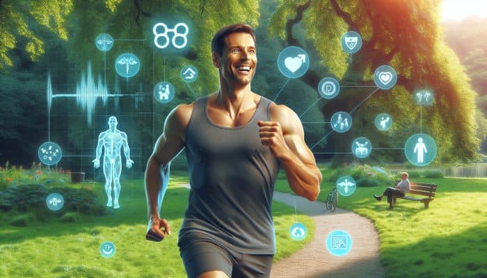 How to Boost Male Hormones Naturally: A confident, muscular man in his 40s jogging through a lush UK park, smiling with energy, symbolising testosterone's role in vitality and NHS health checks.