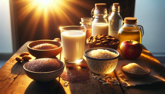 Forming Allergy-Safe Alternatives: A vibrant still life of allergy-safe ingredients on a sunlit wooden table: creamy almond milk, fluffy quinoa, scattered flaxseeds, golden coconut oil, and fresh applesauce.