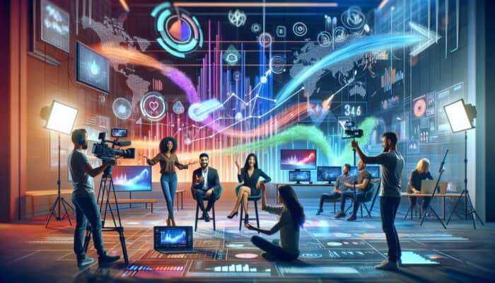 A diverse team in a modern video studio films vibrant content with rising brand logos and charts, symbolising growth and innovation.