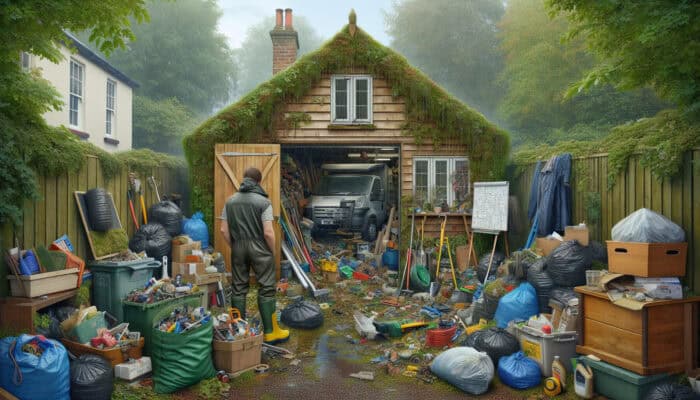 How to Get Affordable Clearance Quotes in the UK: Homeowner in wellies reviews clearance quote by cluttered shed in rainy Manchester, as workers load truck with waste and tools.