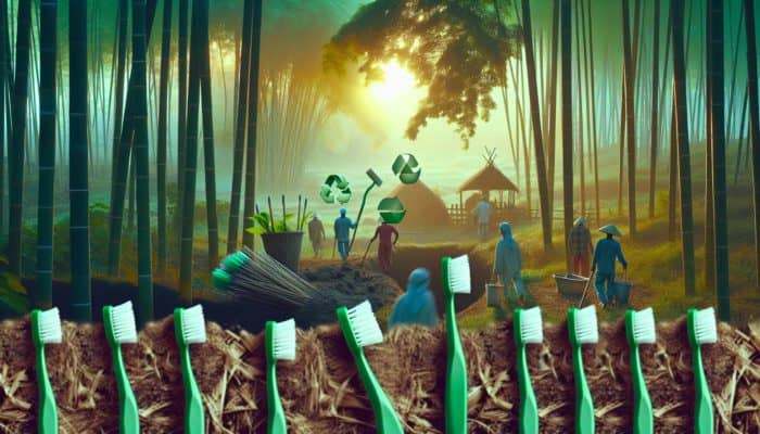 Serene bamboo forest at dawn with workers harvesting for eco-brushes; decomposing toothbrushes in soil amid greenery, symbolising reduced plastic waste.