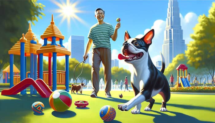 Boston Terrier Exercise Limits: A lively Boston Terrier with a black-and-white coat plays fetch in a sunny park, surrounded by toys and a watchful owner under a blue sky.