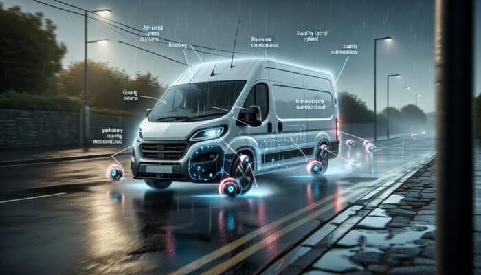 A modern white van braking on a rainy UK road, with active rear-view camera and parking sensors displayed on the dashboard.
