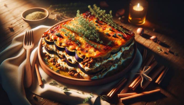 Vibrant Greek moussaka layered with eggplant, ground meat, and béchamel, garnished with fresh oregano and cinnamon, in warm golden light.