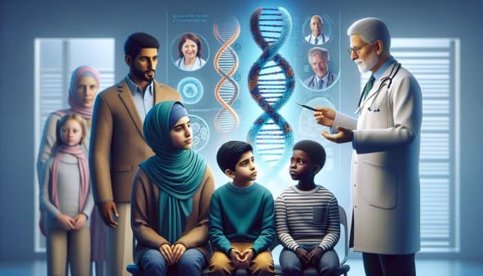 A doctor points to a genetic family tree chart in a clinic, illustrating coeliac disease symptoms like abdominal pain and weight loss among a diverse family.