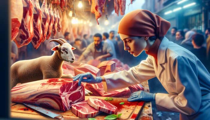 A skilled butcher examines fresh lamb cuts with even marbling, vibrant red meat, and firm texture in a bustling market under warm lighting.