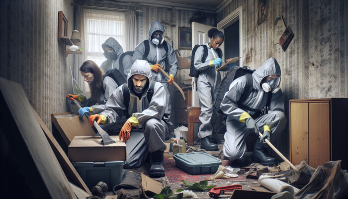 House clearance workers in protective gear managing sharp objects and debris inside a cluttered, mouldy UK home.