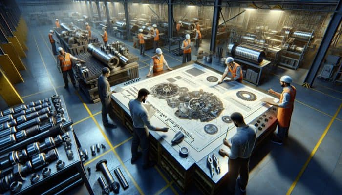 High-tech engineering workshop: experts selecting durable materials, optimising designs on blueprints, maintaining metal edges, and training workers on safe practices.