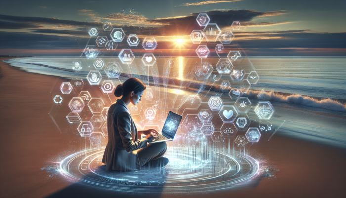 Busy marketer analyzes Instagram Insights on a beach laptop at sunset, surrounded by holographic likes, comments, shares, and crashing waves.