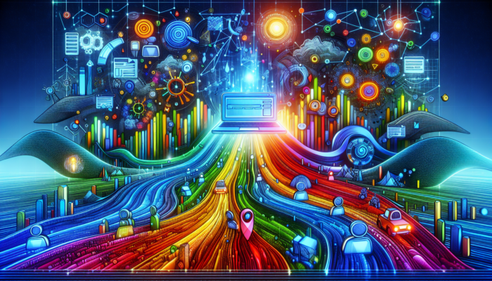 A futuristic digital landscape with a glowing website at the center, surrounded by search bots, rising graphs, and streaming user icons.