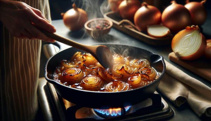 Close-up of golden-brown caramelised onions sizzling in a cast-iron pan on low flame, with steam rising in a cosy kitchen.