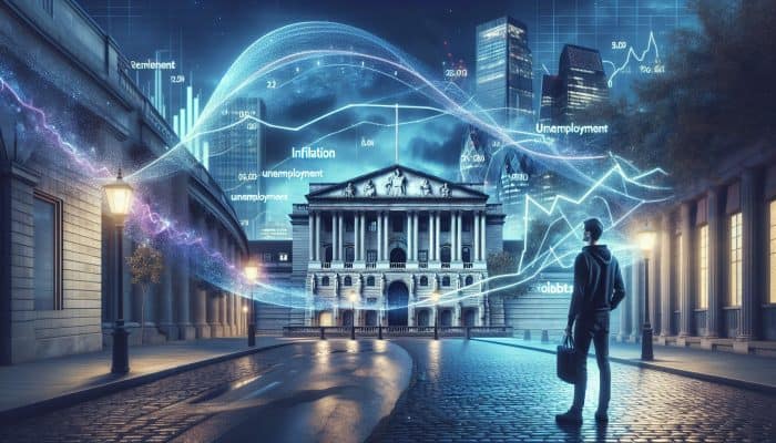 Illustration of London's Bank of England at twilight with digital overlays of inflation curves and unemployment bars; homeowner analysing mortgage rate charts.