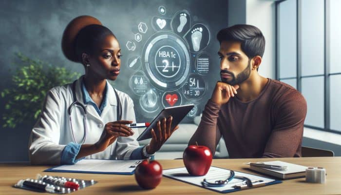Doctor reviews HbA1c results with patient in modern clinic, surrounded by NHS diabetes posters, blood sugar charts, and digital health tools.