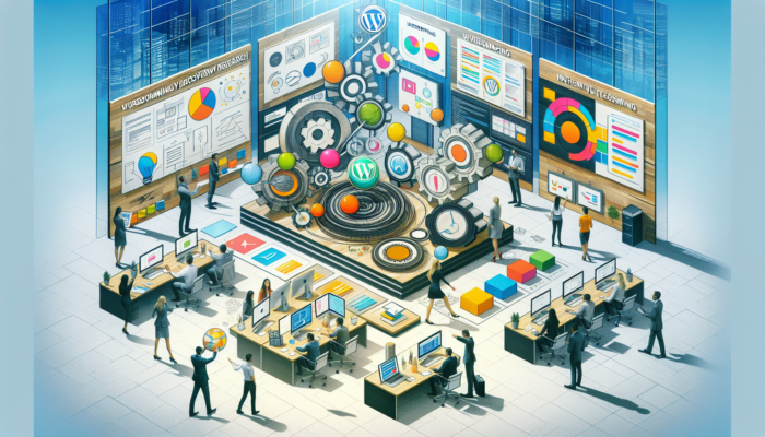 A dynamic flowchart in a modern Wincanton office illustrating WordPress project stages: team brainstorming, wireframing, coding, testing, and launch celebration.