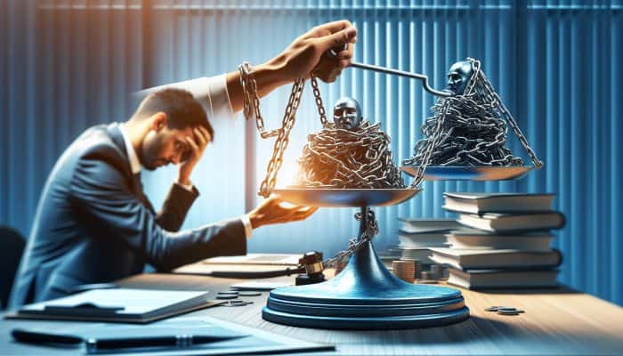 A stressed borrower in a modern office hands tangled debt chains to a confident guarantor balancing them on a scale, symbolising relief and unity.