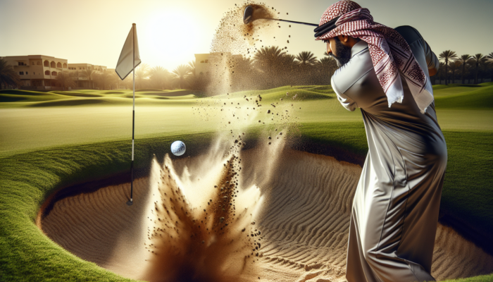 Professional golfer in sandy bunker executes precise wedge shot, sand erupting as ball soars toward green on sunlit course.