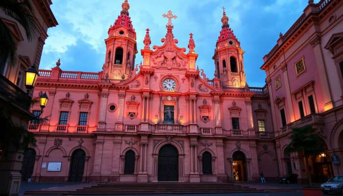 A majestic Baroque church in San Miguel de Allende, with pink stone facades, ornate sculptures, towering spires, and warm evening lights.