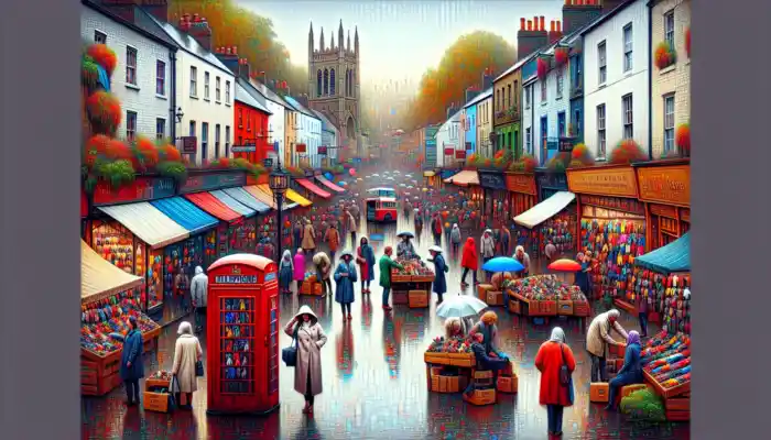 Bustling UK high street with diverse shoppers examining colorful gloves in shops and markets, featuring red telephone booths, rainy weather, and Big Ben.