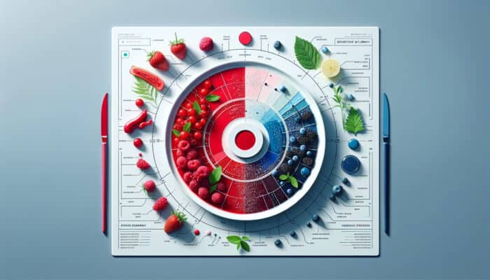 Elegant dish with red berries, blue sauces, and fresh greens on a white plate, illustrating colour psychology in a modern setting.