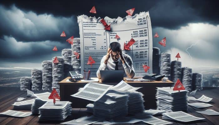 Consolidating Debt After an IVA Finishes: Key Strategies | DCL A stressed person at a cluttered desk reviews a low-score credit report amid stacks of bills and denial letters under a stormy sky.