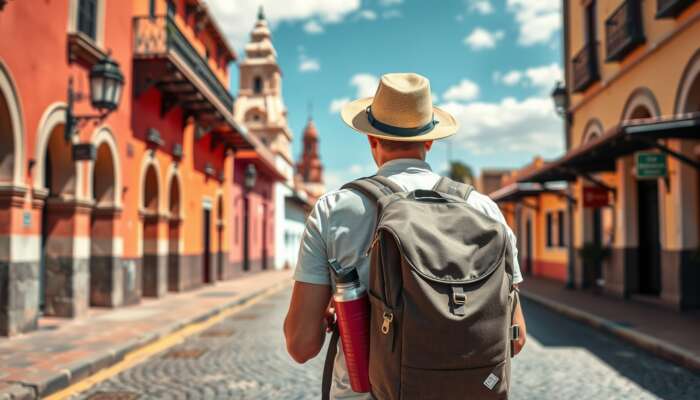 Traveler packing essentials like a hat, water bottle, camera, and map in San Miguel de Allende's vibrant colonial streets under sunny skies.