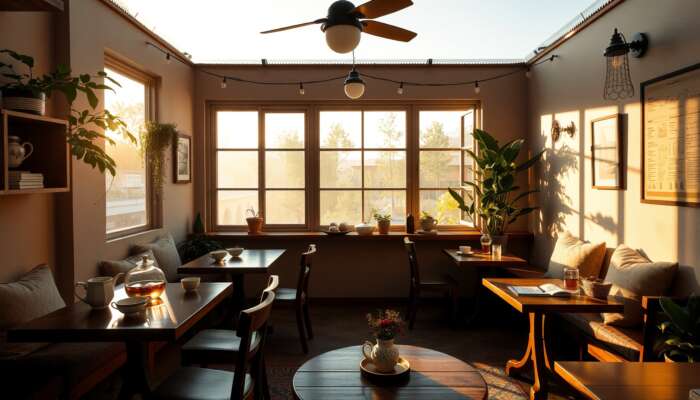 Serene tea house in San Miguel de Allende at golden hour, with exotic teas on wooden tables, cozy cushions, and minimalist decor.