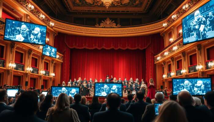 In a grand opera house, masked performers in elaborate costumes sing on stage, with digital screens streaming to virtual audiences, symbolizing resilience amid global events.