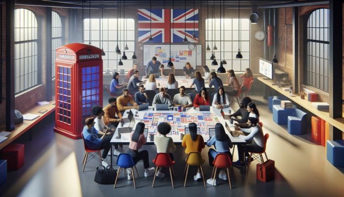 A diverse team collaborating in a modern Yate, UK design studio, sketching website ideas on laptops with Union Jack flags and red phone booths.