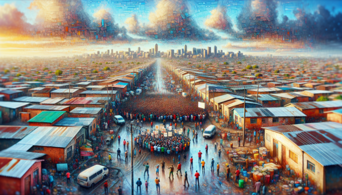 Bustling Lephalale neighborhood with overcrowded streets, cracked roads, and diverse residents rallying for affordable housing under a vibrant sky.