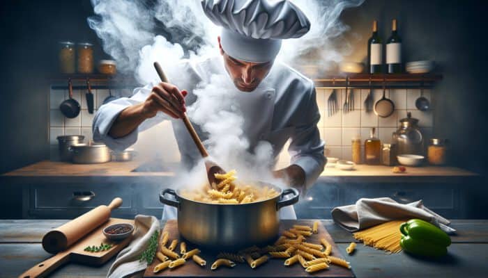 A skilled chef stirs fusilli and penne pasta in a bubbling pot with a wooden spoon in a steamy kitchen.