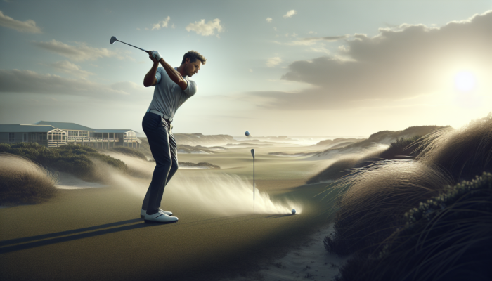 A skilled golfer, inspired by Ernie Els, executes a low-trajectory chip on a windswept South African links course with coastal dunes.