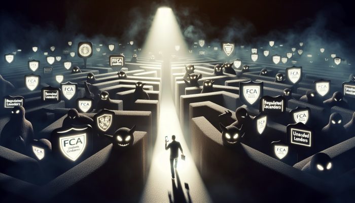 A cautious UK individual navigates a foggy financial maze, dodging shadowy lenders and following a glowing path with FCA and HMRC symbols.