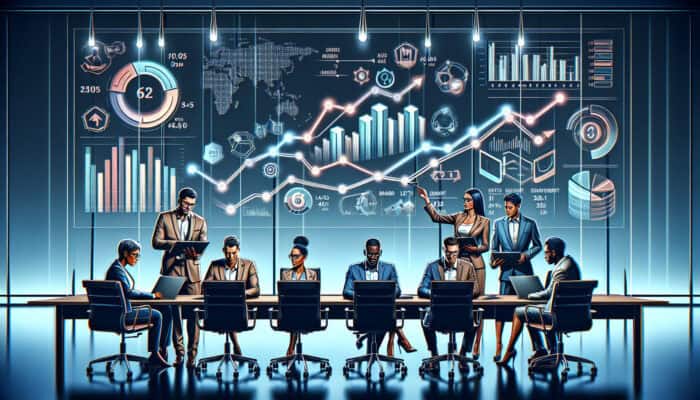 Diverse professionals in a modern boardroom analyze "Like a Girl" campaign data, with screens showing rising conversion rates and engagement graphs.