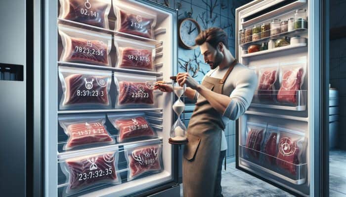 Hunter in apron vacuum-sealing game meat into bags, labeling with dates, and organizing in refrigerator and freezer.