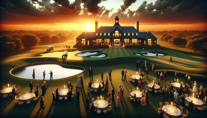 Sunset view of Cato Ridge Country Club: manicured golf greens, colonial clubhouse, guests at a gala, sparkling pools, and fine dining.