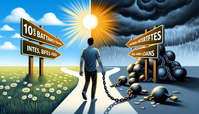 Borrower at crossroads: left, sunny path with 0% balance transfer cards; right, stormy path with chains of fees and loans.