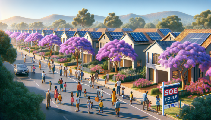 Vibrant street in Pretoria with affordable modern homes, solar panels, jacaranda trees, families browsing real estate signs, and sunny sky.