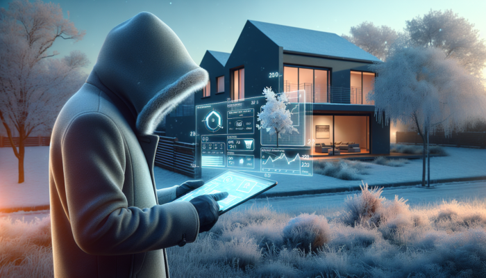 A buyer in a thick coat examines a modern house in Pretoria's frosty dawn, checking a calendar and market graphs on a tablet.