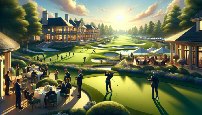 Affluent members in elegant attire tee off on a sunlit golf course and network at an exclusive outdoor event at Fairview Golf Estate.