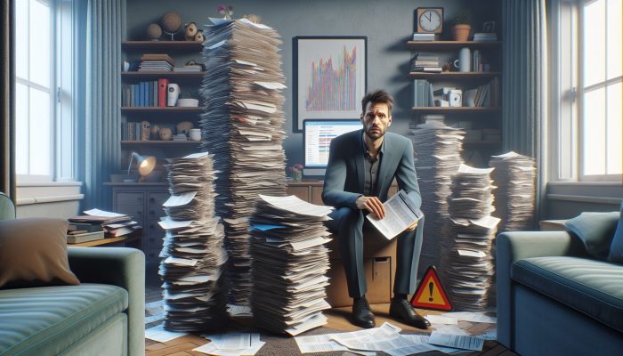 A stressed single parent in a cluttered UK living room reviews debt documents amid bills, warning signs, and credit scores on a computer.