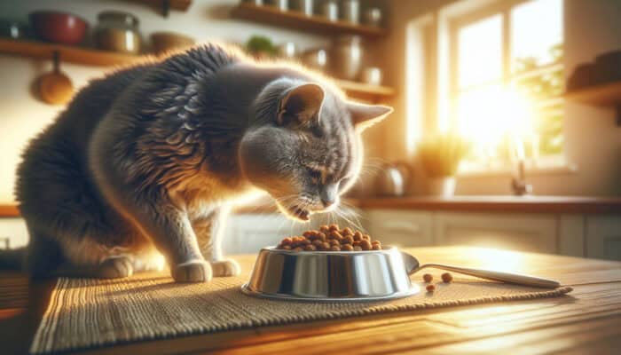 An elderly gray cat with wise eyes and thinning fur eats senior cat food in a sunny kitchen, emphasising ageing and nutrition.