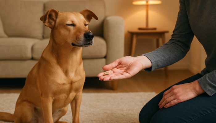 Dog ignoring doorbell in cozy home, trainer offering treat for calm behaviour during bark training.