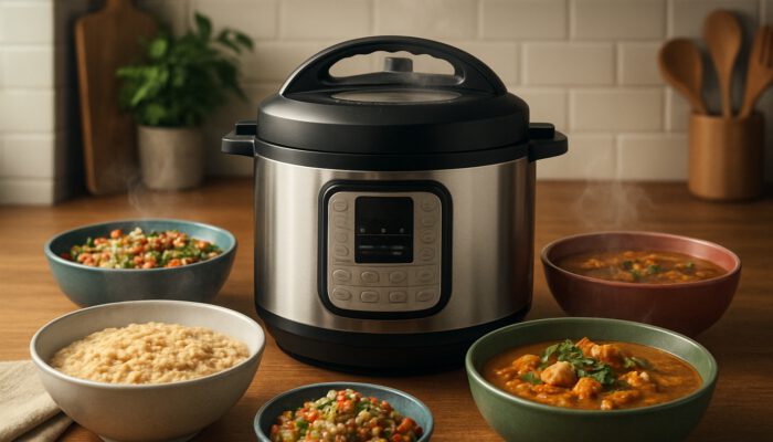 Instant Pot in a vibrant kitchen surrounded by steaming oatmeal, quinoa salad, hearty soup, and curry.