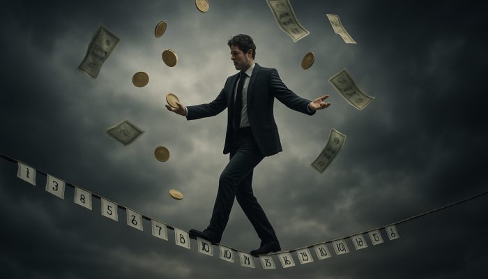 Tightrope walker balancing on calendar dates, juggling coins amid stormy sky, symbolising financial uncertainty.