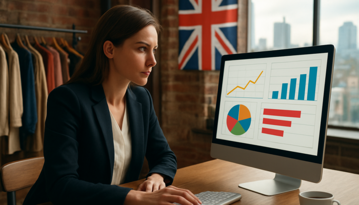 Determined entrepreneur in a Manchester boutique reviews rising Google Analytics statistics with a Union Jack background.