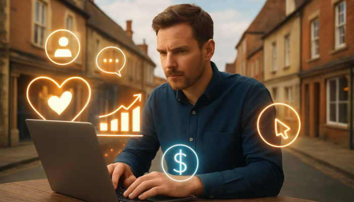 Devizes business owner reviewing digital marketing budget on laptop with social media icons and growth charts.